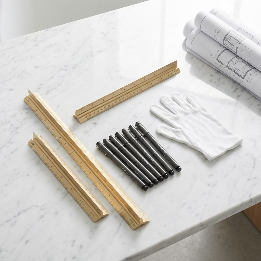 White Marble Architect Table with Gold Tools